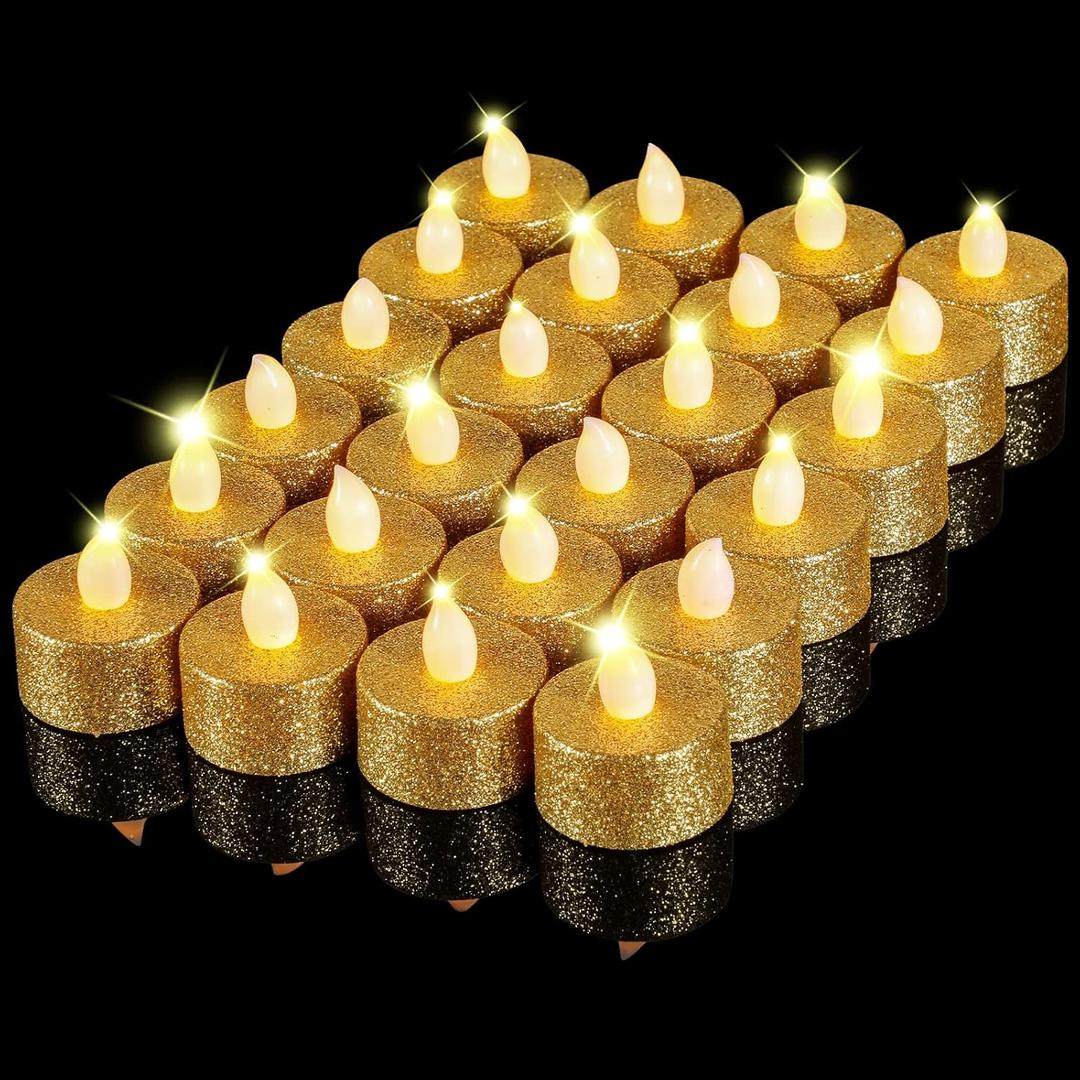 Mudder 24 Pieces Gold Tea Lights LED Candles Tealights Flameless Votive Battery Operated Tea Lights Electric Glitter Tealight for Holiday, Festival Gift, Wedding, Birthday,Home, Party Decor
