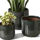 LE TAUCI Ceramic Pots for Plants, 8.3/7/6 Inch Indoor Planters with Drainage Holes & Mesh, Modern Glossy Glaze Cylinder Fluted Plant Pot for Snake Plant, Set of 3, Dark Olive, Medium