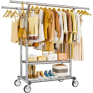 Heavy Duty Clothes Rack, Rolling Clothing Rack With Shelves Load 620 LBS, Double Rod Clothing Racks for Hanging Clothes, Portable& Adjustable Clothes Rack with Wheels Garment Rack (Sliver)