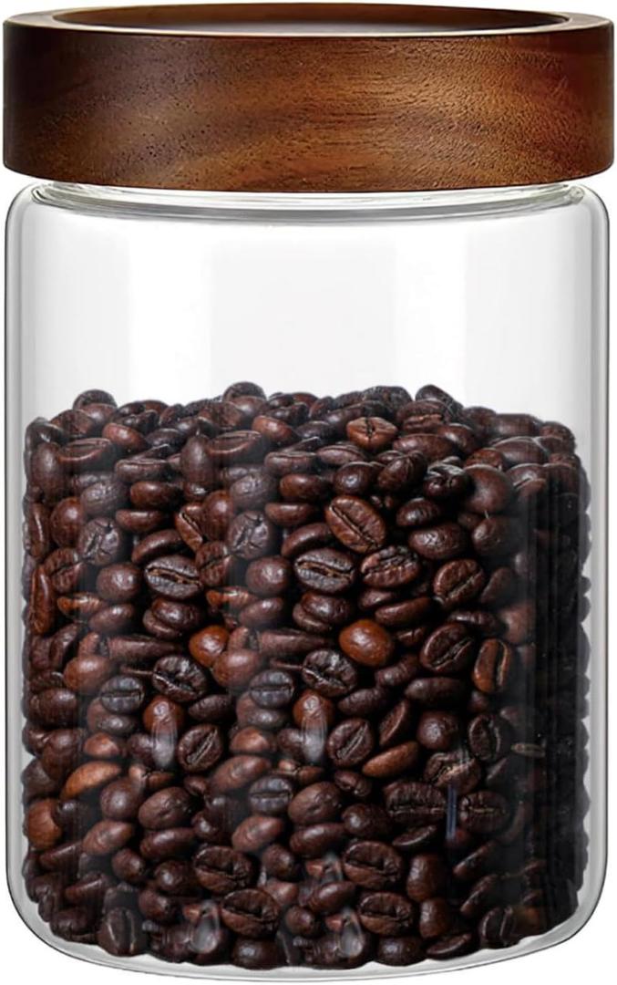 28 Fl oz/850 ml Glass Food Storage Jar, Premium Clear Glass Container Jar with Airtight Screw-on Wooden Lid, Kitchen Canisters for Coffee,Tea,Pasta,Cookies, Nuts,Spice,Candy,Overnight OatmealMedium