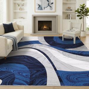 Washable Area Rug for Living Room, Indoor, Dinig Room  Soft Pile Non-Slip Rug for Kitchen  Modern Contemporary Design Machine Washable Carpet, Foldable Rug, Easy to Clean  (8X10-Dark Blue) (9'8" x 7'7" (Rectangular))