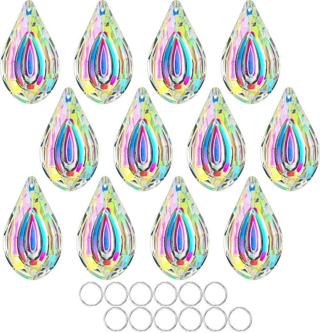 HDCRYSTALGIFTS 12pcs Suncatcher Crystal 50mm AB Loquat Shape Chandelier Parts Drops Prisms Hanging Crystal Sun Catchers,Colorful Glass Ornaments for Christmas Tree