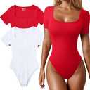OQQ Women's 2 Piece Bodysuits Sexy Ribbed One Piece Square Neck Short Sleeve Bodysuits S Red & White