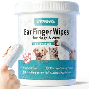 Wider Ear Cleaner Finger Wipes 60 Counts, Dog Ear Cleaner, Grooming Kit Care for Dogs and Cats,Otic Cleaning Pads, Remove Wax, Dirt & Stop Smelly, Itchy, Non-Irritating, Coconut Scent (1.77" 60pcs)