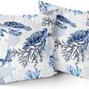 Sea Turtle Pillow Covers 16x16 Inch Set of 2 Nautical Coastal Polyester Decorative Throw Pillow Cases Beach Themed Ocean Coral Outdoor Cushion Covers for Bedroom Living Room Sofa Couch Chair
