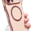 ZONRW for iPhone 15 Pro Case Magnetic,for Women Girls Soft Cute Wave Frame Curly Shape Love Heart Luxury Plating Phone Case Compatible with MagSafe Shockproof Back Cover 6.1"-Pink