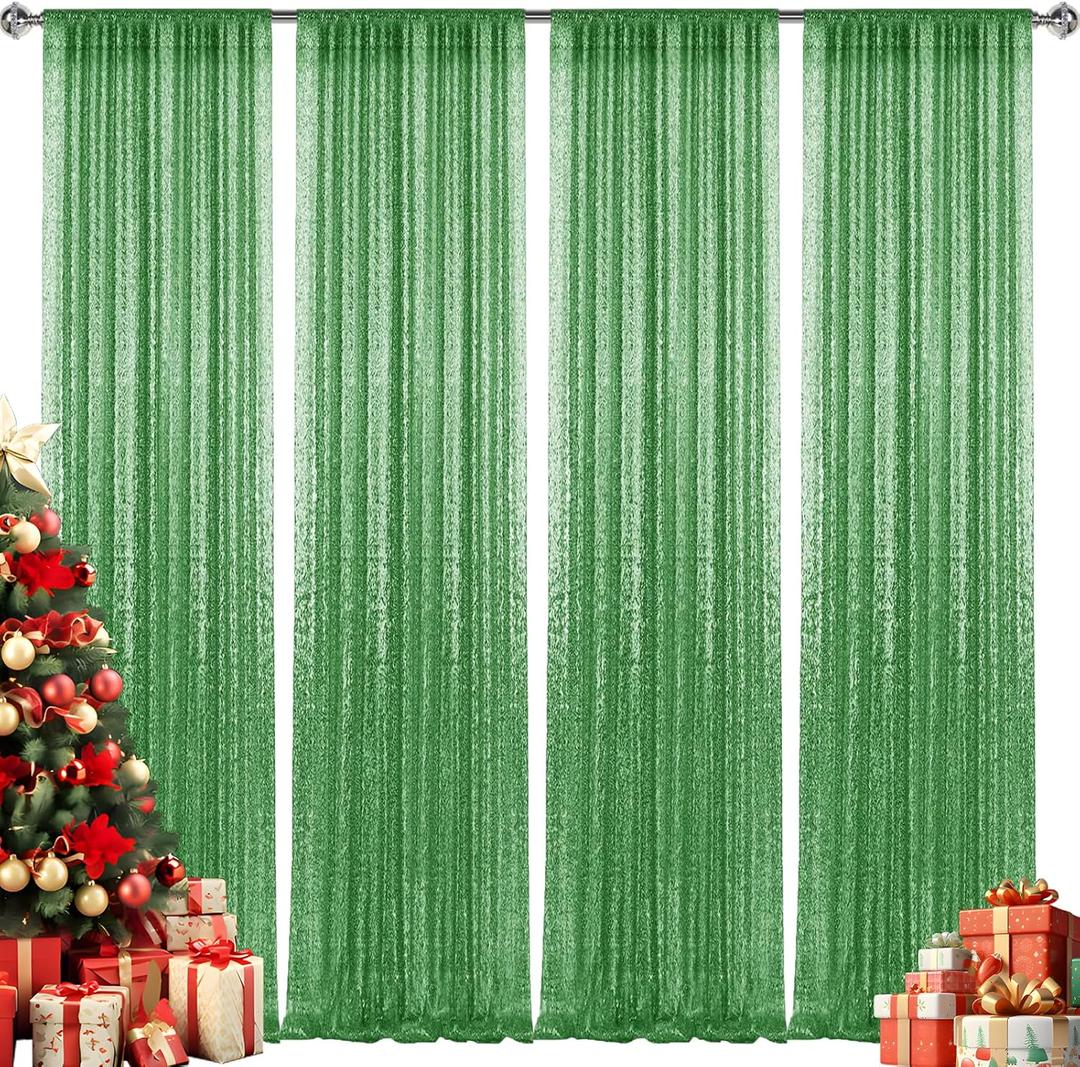 28FT-4PCS Grass Green Sequin Backdrop Curtains Panels, Photography Backdrop Glitter Curtains Fabric Background for Christmas Wedding Party Decor
