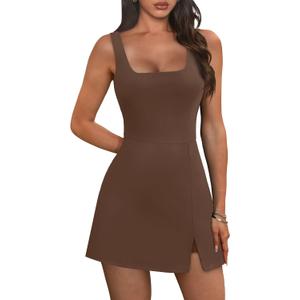 OFEEFAN Athletic Dress for Women Mini U Neck Sleeveless Built in Shorts with Pockets Tennis Golf Graduation (Small, Coffee)
