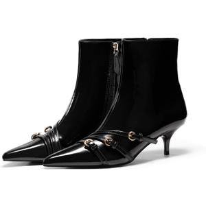 Coutgo Womens Buckle Strap Ankle Booties Kitten Low Heel Pointed Toe Y2K Boots Side Zipper Fall Shoes (6.5, Black)