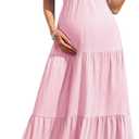 CYCLAMEN Maternity Dress Halter V-Neck Pleated Backless Maxi A-Line Gown Baby Shower Photoshoot Beach Vacation Tea Party (Pink),L