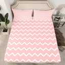 jejeloiu Pink White Wave Lines Fitted Sheet Twin Size for Kids Boys Girls Pastel Striped Bed Sheets Set 16" Deep Pocket Soft Microfiber Geometric Pattern Bedding with 1 Pillowcase Room Decor