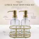 3 Piece Round Heavy Weight Glass Soap Lotion Pump Dispenser Set with Metal Caddy for Home Bath Kitchen Travel Office Hand Crafted Metal Tray Brushed Gold