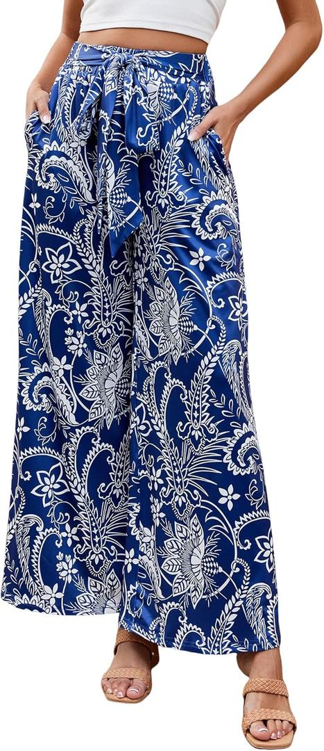 ZAFUL Women's Casual Wide Leg Elastic Waist Drawstring High Waisted Floral Print Palazzo Pant (Blue, S)