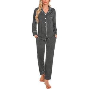 SWOMOG Womens Pajama Set Long Sleeve Button Down Sleepwear Soft Pj Loungewear with Pockets 2 Piece Nightwear (XX-Large, Deep Grey)
