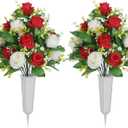 Cemetery Flowers with Vase 2 Sets Artificial Flowers for Cemetery, Silk Roses Funeral Flowers for Grave, UV Resistant Sympathy Flowers for Memorial Day Mother's Day (White+Red)