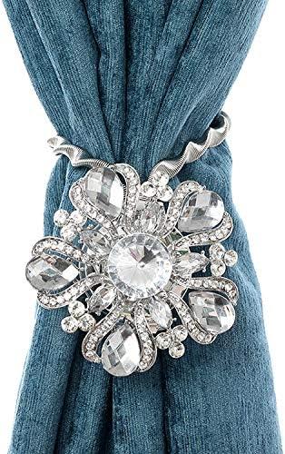 Magnetic Curtain Tiebacks Sparkling Flower Curtain Clips Holdback Buckles Tie Backs Drapery Holders with Stretchable Spring Wire for Home Office Decoration Silver- 2 Pack