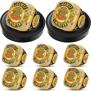 Highergo 6pcs Ugly Christmas Sweater Championship Trophy Ring Ugly Sweater Costume Contest Award with Display Neck Chain and Stand for Xmas Ugliest Sweater Contest Christmas Party Gift Competition