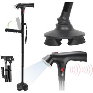 Walking Cane for Men & Women, 3-in-1 Folding Cane with Alarm and Light, Adjustable, Free Standing, Collapsible Walking Stick for Seniors Balance with a Second Handle (For Height( 5'7" - 6'3" ))
