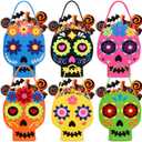 6 Pack Halloween Felt Buckets 9.8'' Height Day of the Dead Candy Buckets with Handle Skull Goodie Bags for Treat Halloween Mexican Party Dia De Los Muertos Decorations(Colorful Style)