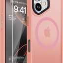 2 x DEERLAMN Magnetic Matte Case for iPhone 16 with Screen Protector, [Compatible with MagSafe][Military Grade Drop Protection] Slim Translucent Shockproof Protective Phone Cover, Pink