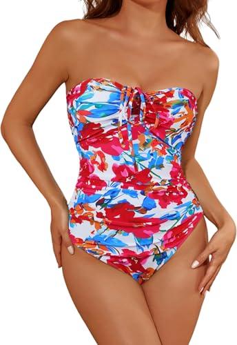 Women's One Piece Swimsuit Strapless Bandeau or Halter Bathing Suits Sexy Flattering Swimwear Red Floral S
