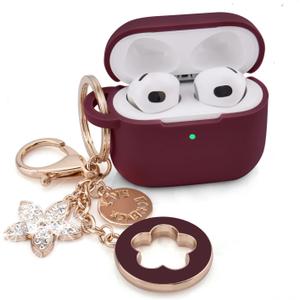 VISOOM Case for Airpods 3 Pink Airpods 3rd Cases 2021 Silicone for iPod 3 Earbuds Case Cover Women Wireless Charging Case with Accessories Girl Bling Keychain for Apple Ear Buds 3rd Generation (Burgundy)