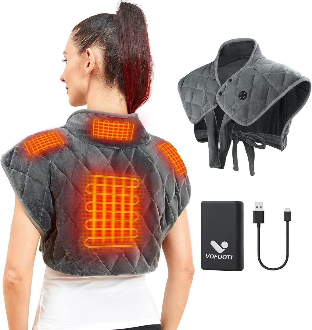 Vofuoti Portable Heating Pad for Neck and Shoulders, Cordless Heating Pad with Battery and 3 Heat Settings, Weighted Electric Heated Neck Shoulder Wrap, 16'' x 22'', 2.2lbs (Gray)