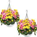 Set of 2 Artificial Flowers with Hanging Baskets, Pre-Assembled Silk Fake Flower Large Look Real UV Resistant for Outdoor Indoor Balcony Garden Porch Yard Home Decor, Yellow Pink