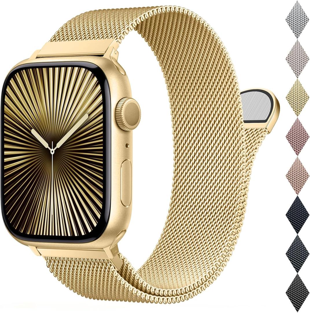 BELONGME Mesh Metal Loop Compatible with Apple Watch Band 40mm 41mm 38mm 42mm Series SE 10 9 8 7 6 5 4 3 2 1 Women Men, Stainless Steel Strap with Magnetic Clasp for iWatch Bands (Golden)