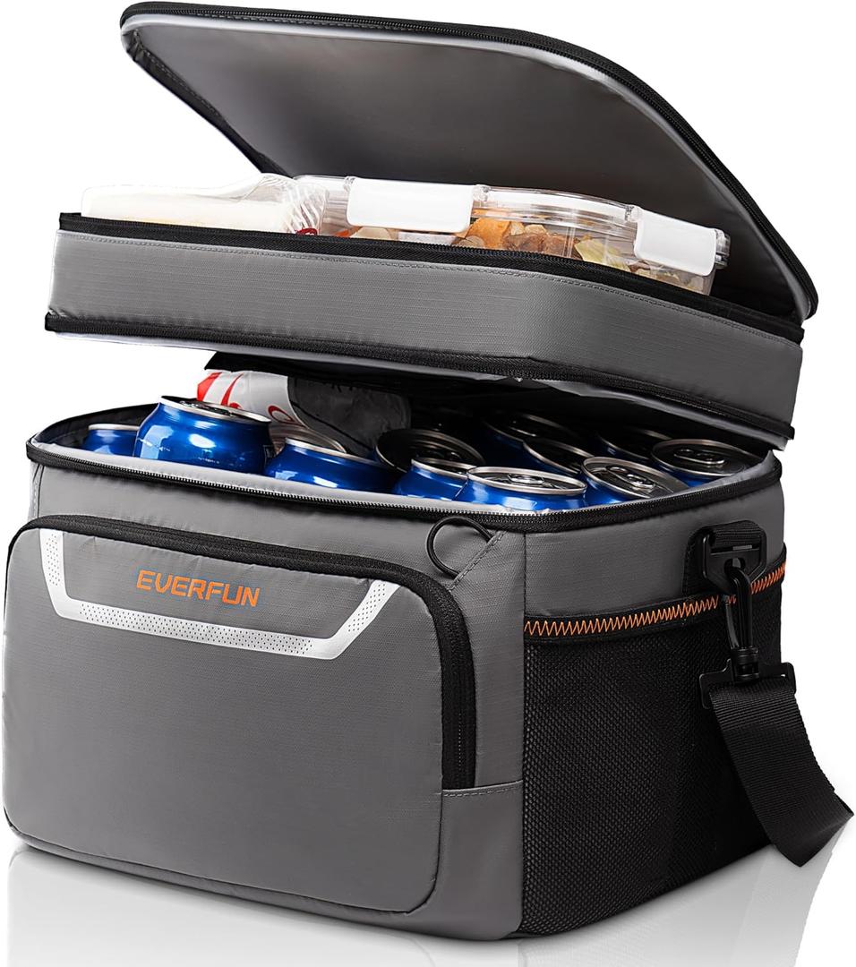 EVERFUN Small Compact Cooler Bag 24/48 Can Insulated Lunch Box Double Deck Soft Leak-Proof Waterproof Collapsible Ice Chest for Men Women Work Travel Car Trip Picnic Beach (Medium, Grey)