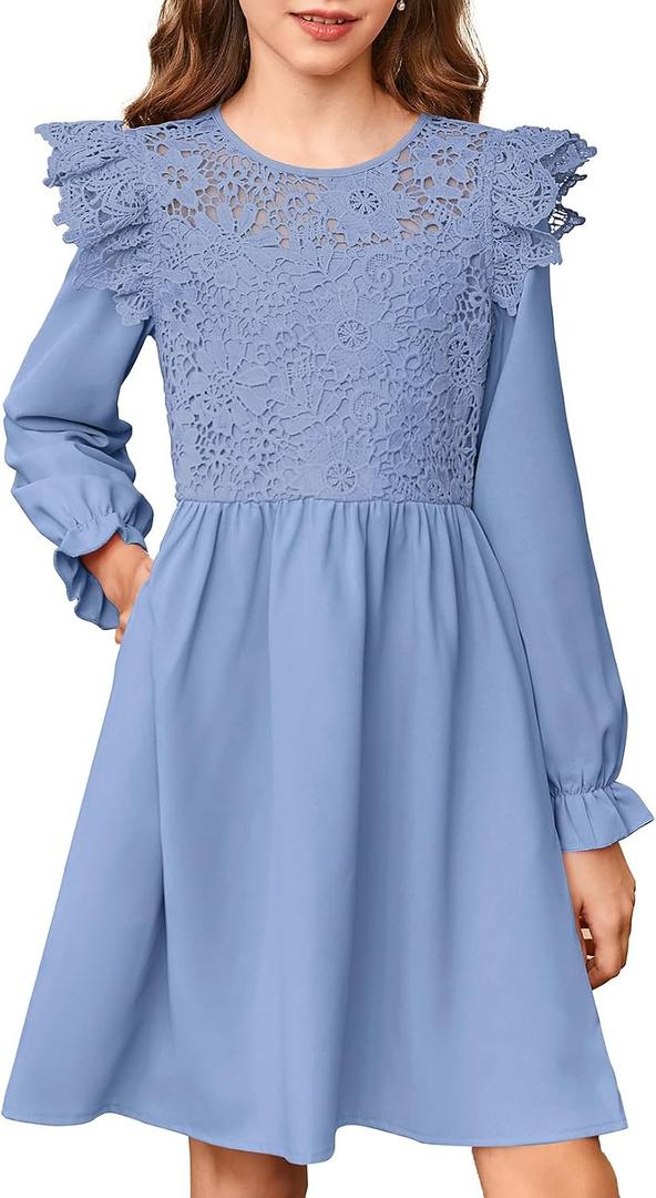 blibean Tween Girls Fall Dresses Semi Formal Flower Dress Size 6-15 Years (Blue, XXL)