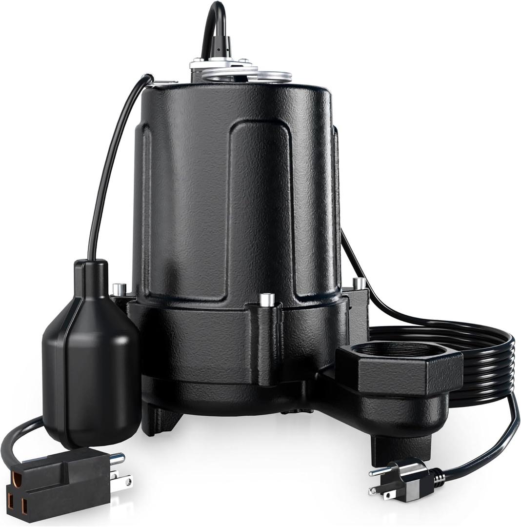 LANCHEZ 1.5 HP 53FT Submersible Sewage/Effluent Pump, 4300 GPH Heavy Duty Cast Iron Sump Pump with Automatic Tethered Float Switch, Idea for Sump Basin, Basement, Residential, 2" NPT Discharge