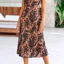 BTFBM Women's Summer Dress Sleeveless Spaghetti Strap Midi Dress Sexy Cowl Neck Floral Cocktail Dress Party Dresses (Brown, S)