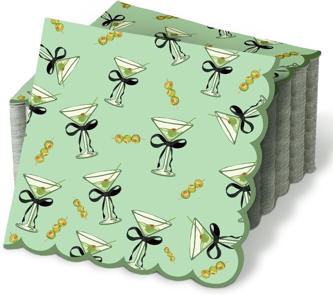 Dunzoom 100 Pcs Martini Cocktail Napkins a Tini Bit Older Birthday Decorations Scalloped Disposable Paper Napkins Espresso Martini Party Supplies for Bachelorette Party Decorations (Cute,Green)