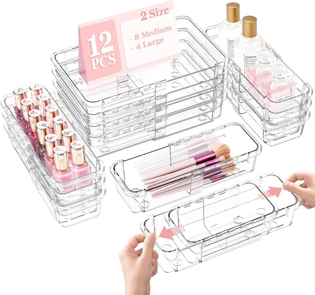 DILIBRA 12 Pcs Clear Extendable Drawer Organizer, Adjustable Drawer Storage 2-Size Desk Drawer Organizer, Plastic Non-Slip Storage Bins for Makeup, Cosmetic, Jewelries, Utensils, Stationery, Dressers