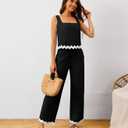 Women's 2 Piece Outfits Summer Sets Linen Sleeveless Crop Tank Top Wide Leg Pants Cruise Vacation Lounge Matching Sets (Black, XXL)