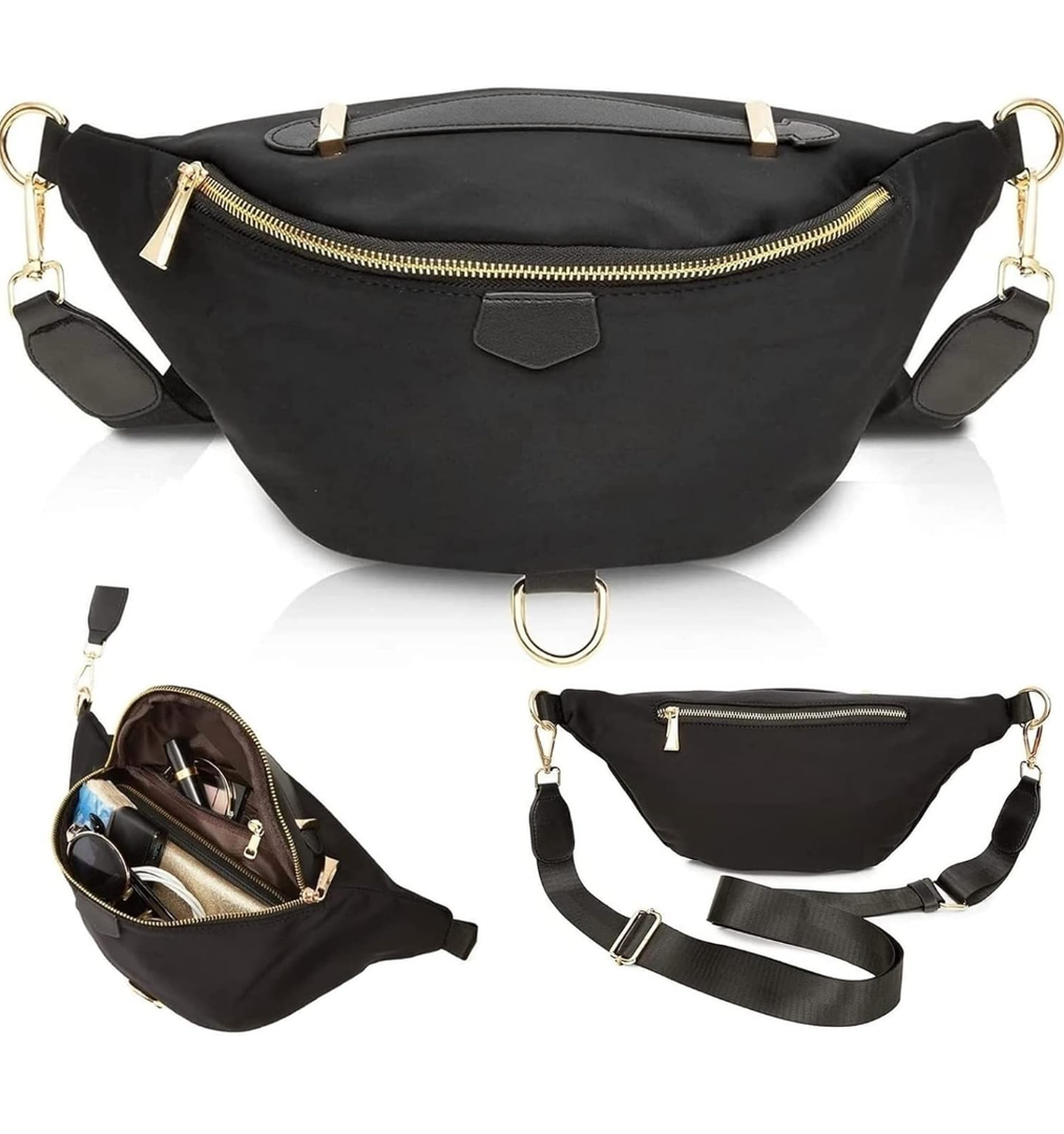 Plus Size Black Fanny Pack, Unisex Cross Body Bag with Adjustable Strap and Colored Adjustable Strap for Outdoors Workout Traveling Casual Running Hiking (Fits 42-54 Inch Waist)