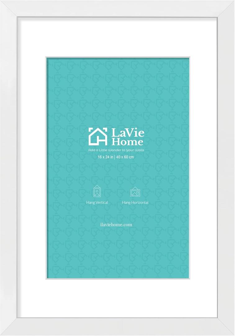 LaVie Home 16 x 24 Poster Frame White, Display Pictures 12x18 with Mat or 16x24 Without Mat, Stable and Sturdy Picture Frame and Polished Plexiglass, Horizontal and Vertical Format of The Wall（1 Pack）