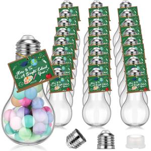 24 Pack Back to School Plastic Light Bulbs Jars with Card and String, First Day of School Gift 100 ml Light Bulb Candy Containers Clear Candy Jars Students Teachers Classroom Reward Gifts