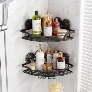 LEVERLOC Powerful Suction Cup Corner Shower Caddy 2 Pack, Stainless Steel Rustproof Shower Shelves with Hook, Drill-Free Wall Mounted Suction Basket, Large Capacity Removable Bathroom Organizer, Black