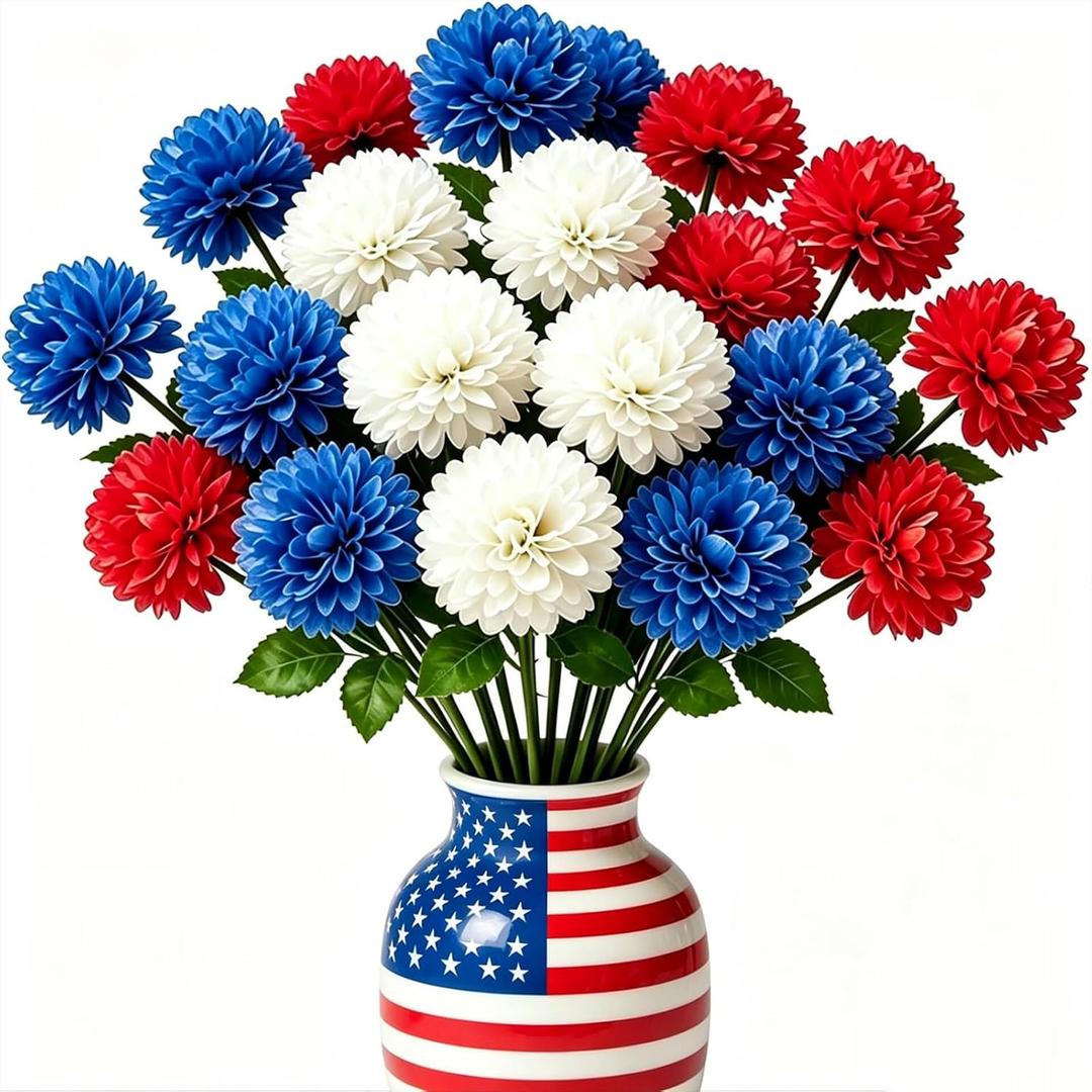 Floweroyal 24pcs 4th of July Flowers Artificial Chrysanthemum Ball Silk Hydrangea Flowers for Independence Day, Memorial Day, Floral Arrangement Decor (Red, Blue, White)