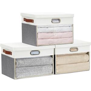 Fabric Clear Window Storage Bins with Lid, Closet Storage Box Linen Closet Baskets with 3 Handles for Organizing Clothing, Jeans, Shelves 15''- 3 Pack (Gray and White)