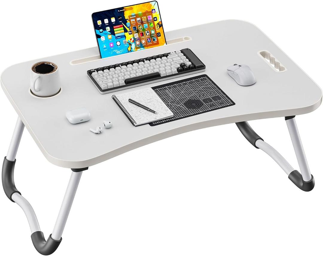 Folding Lap Desk, 23.6 Inch Wood Laptop Bed Desk with Cup Holder, Portable Bed Table for Working Writing Reading, Eating for Bed, Floor, Sofa, Couch - White