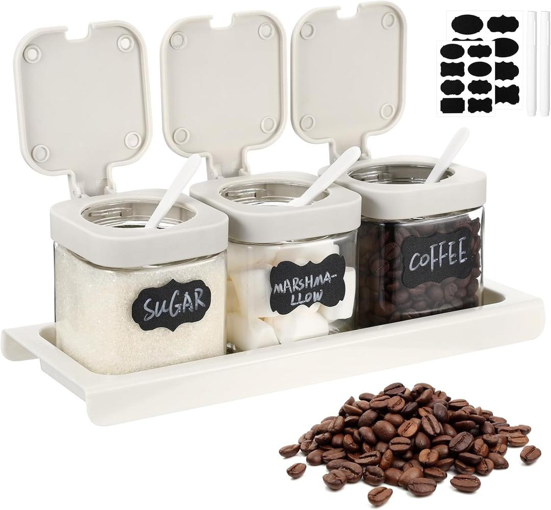 Suclain 3 Pcs Glass Coffee Containers Coffee Station Organizer Set, Airtight Bean Storage Jars with Shelf, labels, spoon, Base and Pen, for Sugar, Candy, Oats, Nuts(White)