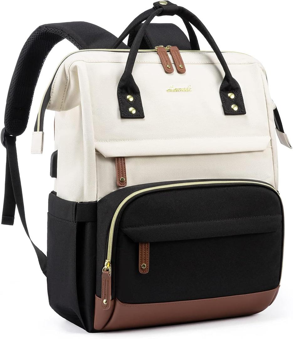 LOVEVOOK Laptop Backpack for Women, 17 Inch Work Business Backpacks Purse with USB Port, Large Capacity Nurse Bag College Bookbag for School, Waterproof Casual Daypack for Travel (Beige-black)