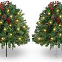2 Pack Lighted Artificial Christmas Urn Filler 23 Inch, Battery Operated Prelit Mini Xmas Trees, Tripod Stake and LED Lights Christmas Porch Decorations