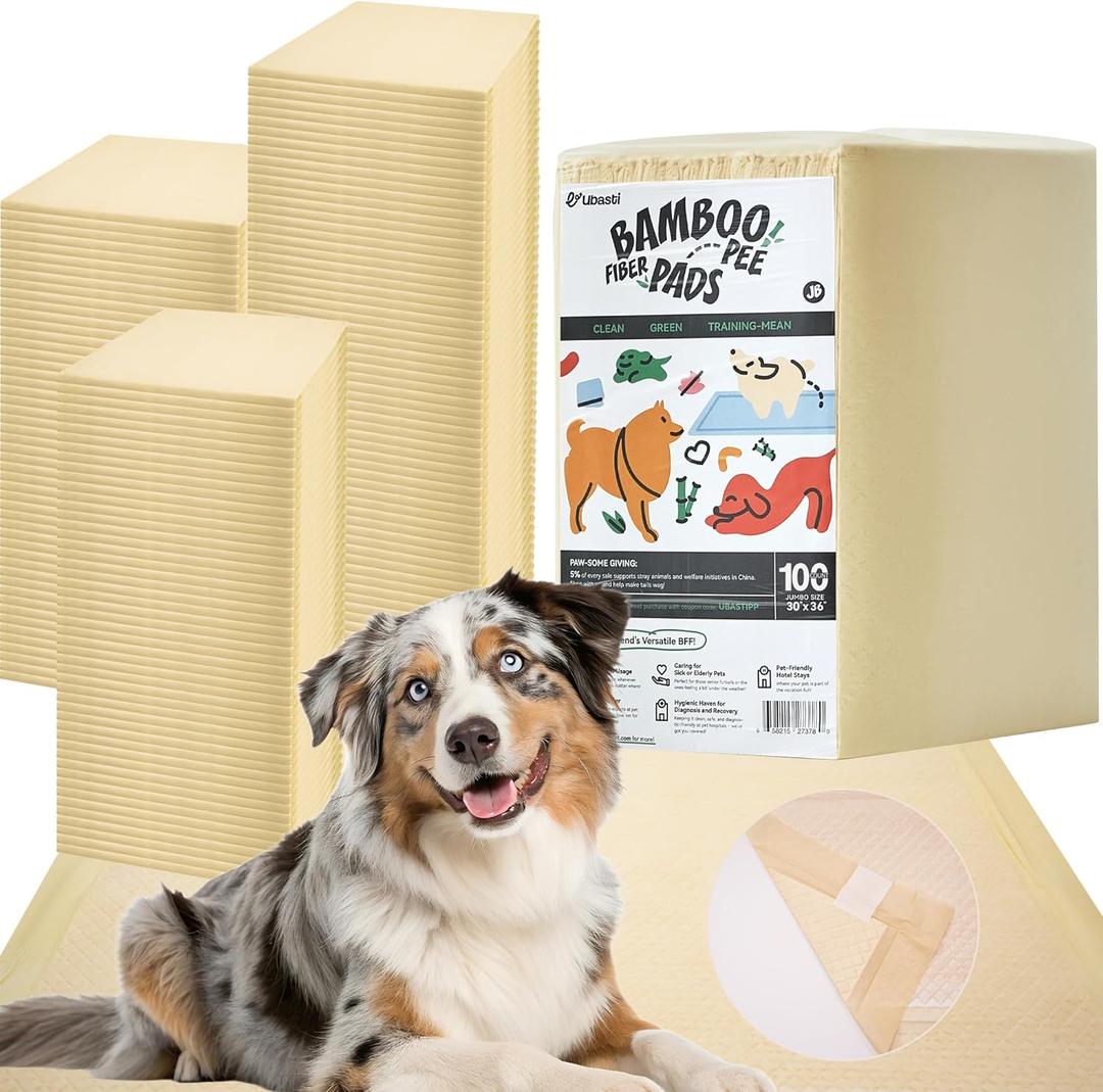 Ubasti Large Bamboo Puppy Pads 30"x36", Eco Friendly Pee Pads for Dogs, Super Absorbent & Leak-Proof Disposable Training Pads, XXXL 6-Layer Potty Pads with Adhesive Tabs, 30 Count