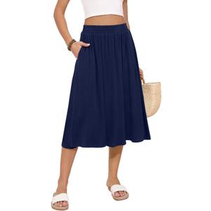 MLXSJ Women's Midi Skirt Summer Flowy Elastic High Waisted Casual Pleated Skirts with Pockets (Blue, XXL)