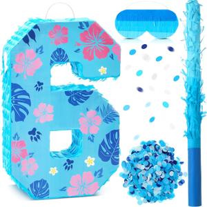 Hawaii Number 6 Piata 16 Inch Blue Tropical Theme Piata with Stick Blindfold Confetti for Birthday Party Supplies Decorations Anniversary Celebration