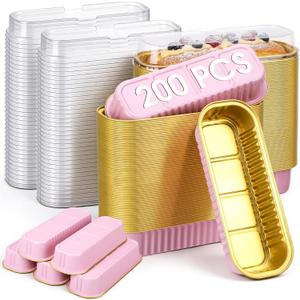 Qunclay 200 Pcs Aluminum Foil Mini Loaf Pans with Lids 6.8 oz Disposable Mini Cake Pan with Lid Rectangle Baking Cups for Party Muffin Cheesecake Ramekins(Pink, Gold)